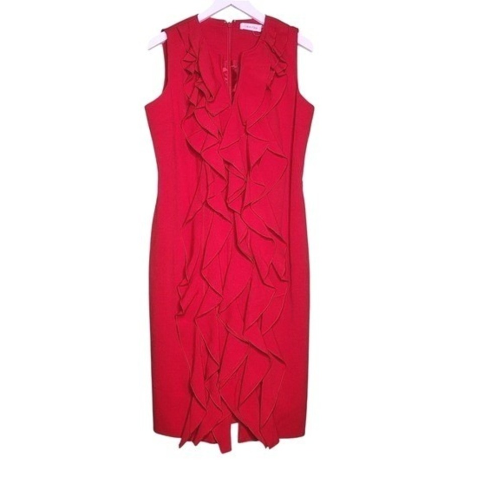 Calvin Klein Red Sleeveless Sheath Dress Ruffle Cocktail Party Festive 4